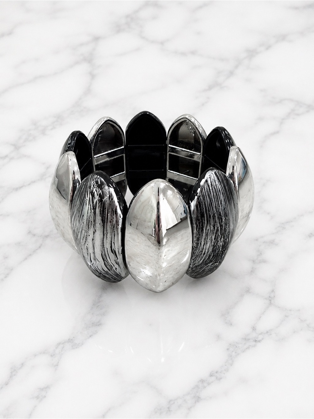 Black & Silver Stretch Statement Wide Bracelet Chunky Silver Tone & Marbled - Picture 2 of 6